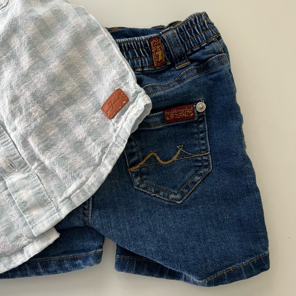 7 For All Mankind Toddler Boys Two Piece Striped Shirt And Denim Shorts - Picture 3 of 6
